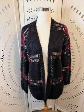 Forever 21 Fuzzy Plaid Black and Burgundy Open Cardigan Sweater